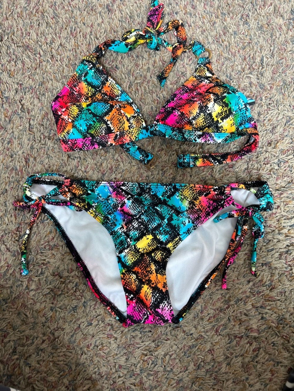 Roxy Multicolor Snake-Print Tie Bikini - Pink, Turquoise, Yellow, Orange, Black